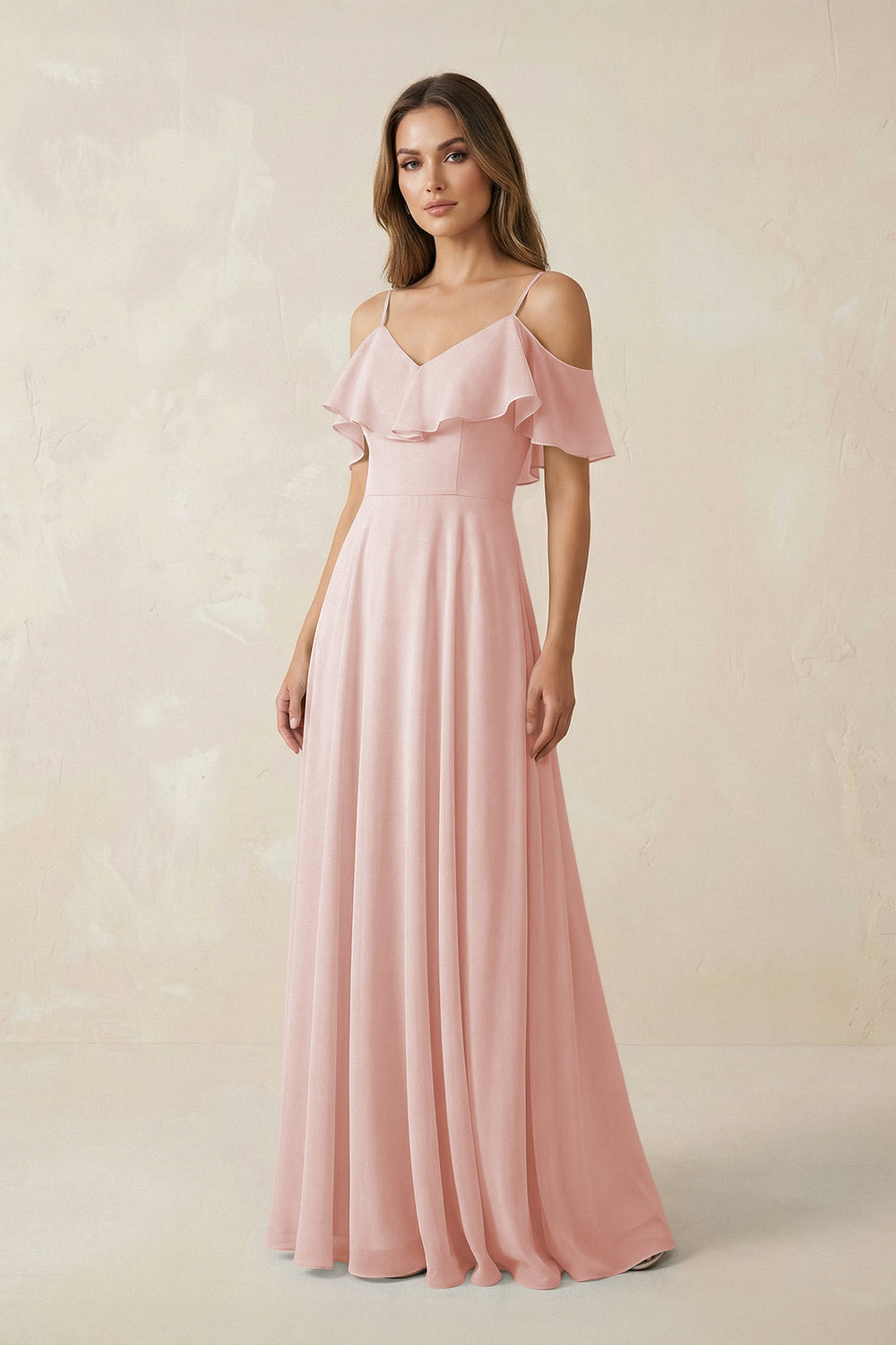 Off-the-Shoulder Ruffled A-Line Chiffon Bridesmaid Dress in Rose Petal