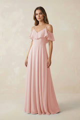 Rose Petal Off-the-Shoulder Ruffled A-Line Chiffon Bridesmaid Dress | KISSBRIDAL