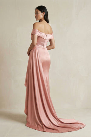 Rose Petal Off-the-Shoulder Ruffled Sheath Satin Bridesmaid Dress (2) | KISSBRIDAL