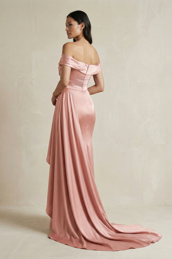 Rose Petal Off-the-Shoulder Ruffled Sheath Satin Bridesmaid Dress (2) | KISSBRIDAL