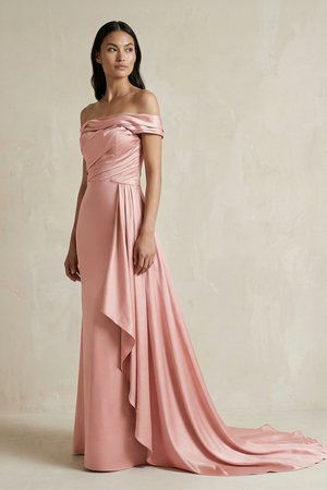 Rose Petal Off-the-Shoulder Ruffled Sheath Satin Bridesmaid Dress (3) | KISSBRIDAL