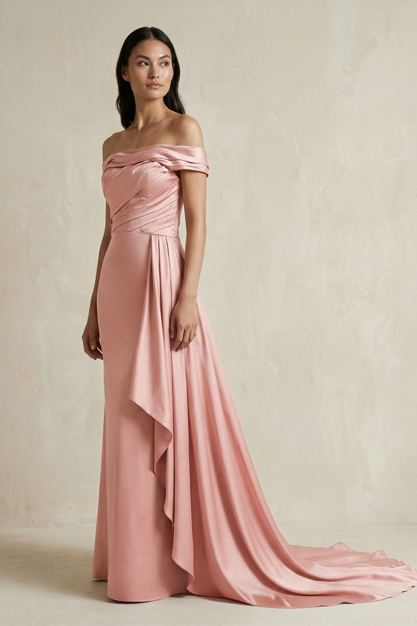Rose Petal Off-the-Shoulder Ruffled Sheath Satin Bridesmaid Dress (3) | KISSBRIDAL