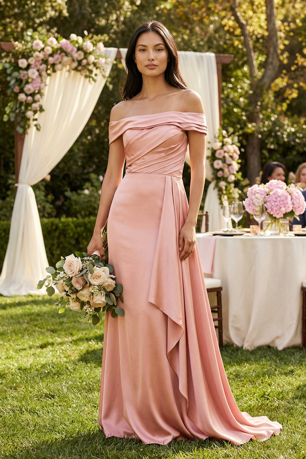 Rose Petal Off-the-Shoulder Ruffled Sheath Satin Bridesmaid Dress (4) | KISSBRIDAL