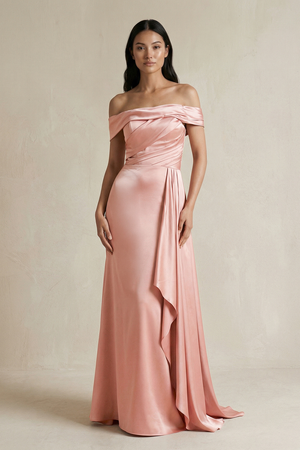 Rose Petal Off-the-Shoulder Ruffled Sheath Satin Bridesmaid Dress | KISSBRIDAL