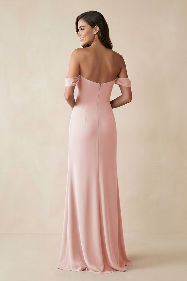 Rose Petal Off-the-Shoulder Sheath Bridesmaid Dress with Slit (2) | KISSBRIDAL