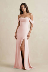 Rose Petal Off-the-Shoulder Sheath Bridesmaid Dress with Slit | KISSBRIDAL