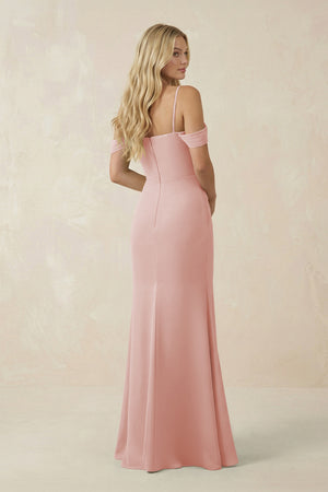 Rose Petal Off-the-Shoulder Sheath Chiffon Ruched Bridesmaid Dress (2) | KISSBRIDAL