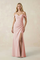 Rose Petal Off-the-Shoulder Sheath Chiffon Ruched Bridesmaid Dress | KISSBRIDAL