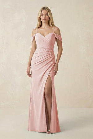 Rose Petal Off-the-Shoulder Sheath Chiffon Ruched Bridesmaid Dress | KISSBRIDAL