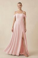 Rose Petal Off-the-Shoulder Sweetheart A-Line Chiffon Bridesmaid Dress | KISSBRIDAL