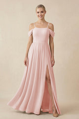 Rose Petal Off-the-Shoulder Sweetheart A-Line Chiffon Bridesmaid Dress | KISSBRIDAL