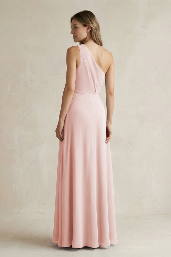 Rose Petal One-Shoulder Chiffon A-Line Bridesmaid Dress With Slit (2) | KISSBRIDAL