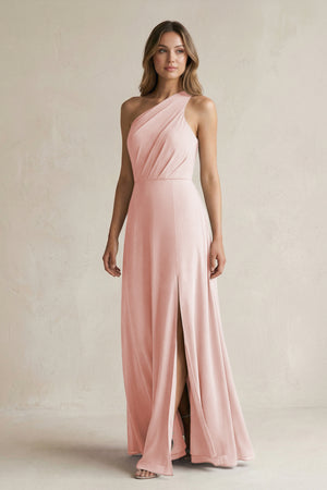 Rose Petal One-Shoulder Chiffon A-Line Bridesmaid Dress With Slit | KISSBRIDAL