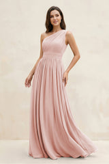 Rose Petal One-Shoulder Pleated A-Line Chiffon Bridesmaid Dress | KISSBRIDAL