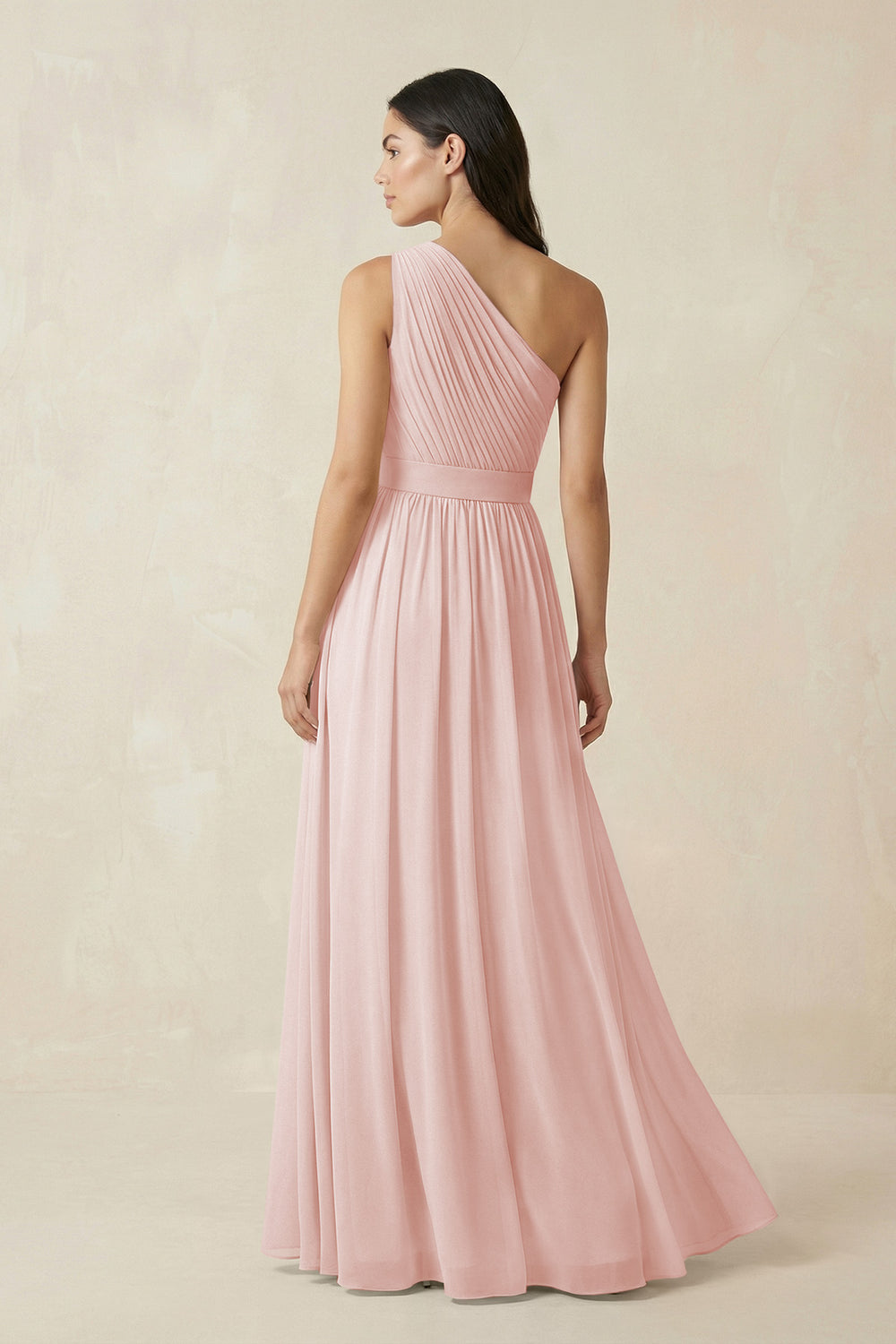 One-Shoulder Pleated Chiffon Bridesmaid Gown in Rose Petal