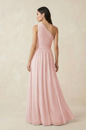Rose Petal One-Shoulder Pleated Chiffon Bridesmaid Gown (2) | KISSBRIDAL