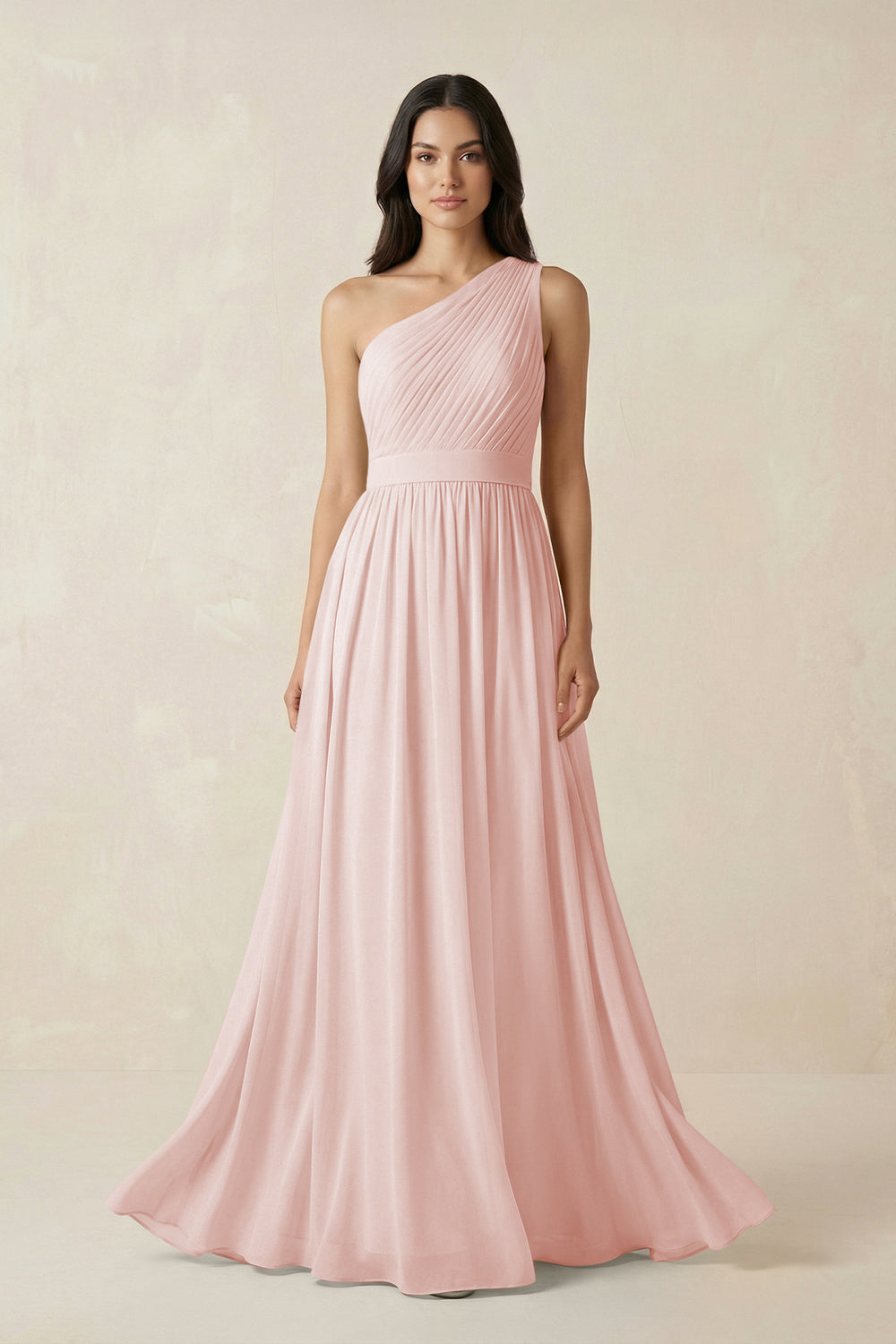 One-Shoulder Pleated Chiffon Bridesmaid Gown in Rose Petal