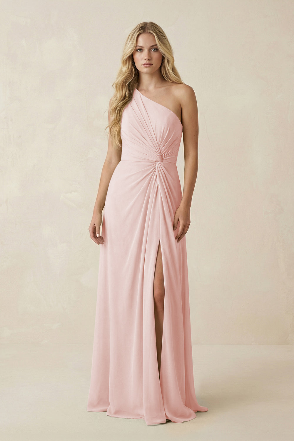 One-Shoulder Ruched A-Line Chiffon Bridesmaid Dress in Rose Petal