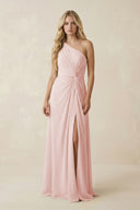 Rose Petal One-Shoulder Ruched A-Line Chiffon Bridesmaid Dress | KISSBRIDAL