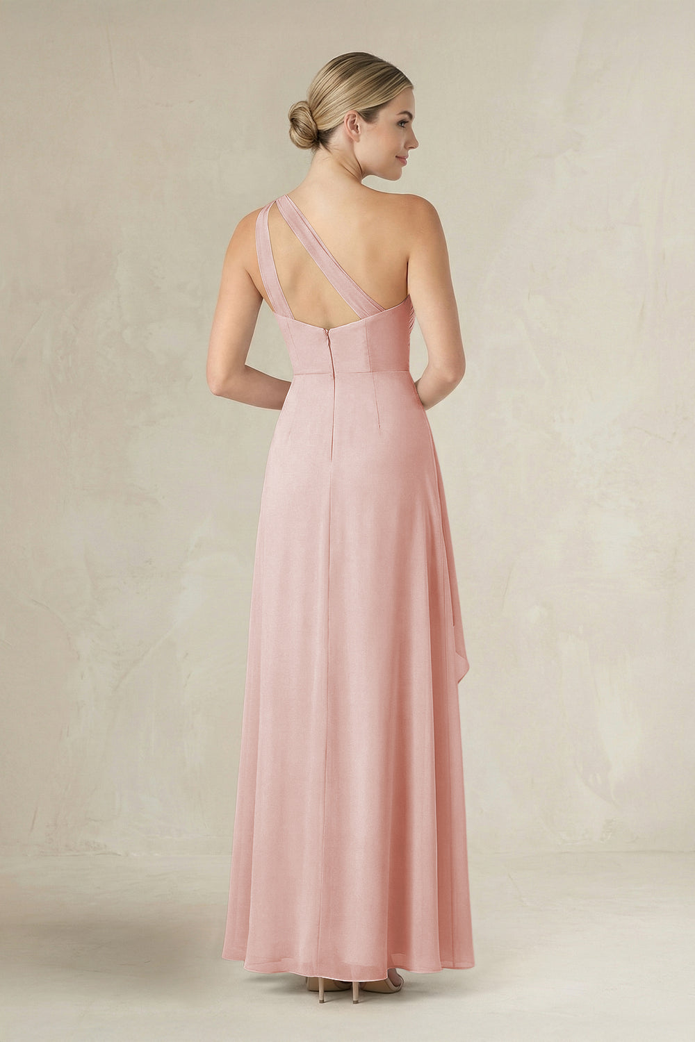 One-Shoulder Sheath Ruched Ruffled Bridesmaid Dress in Rose Petal