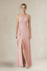 Rose Petal One-Shoulder Sheath Ruched Ruffled Bridesmaid Dress in Rose Petal | KISSBRIDAL