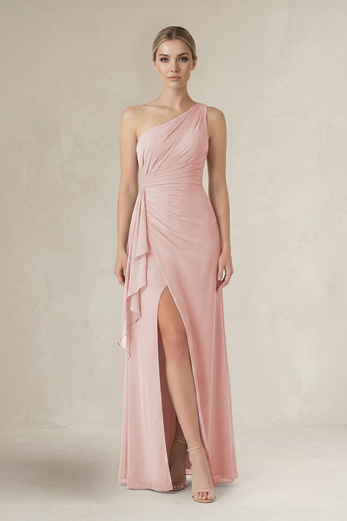 Rose Petal One-Shoulder Sheath Ruched Ruffled Bridesmaid Dress in Rose Petal | KISSBRIDAL