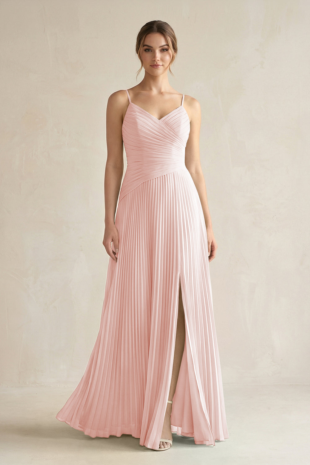 Pleated A-Line Long Chiffon Bridesmaid Dress in Rose Petal