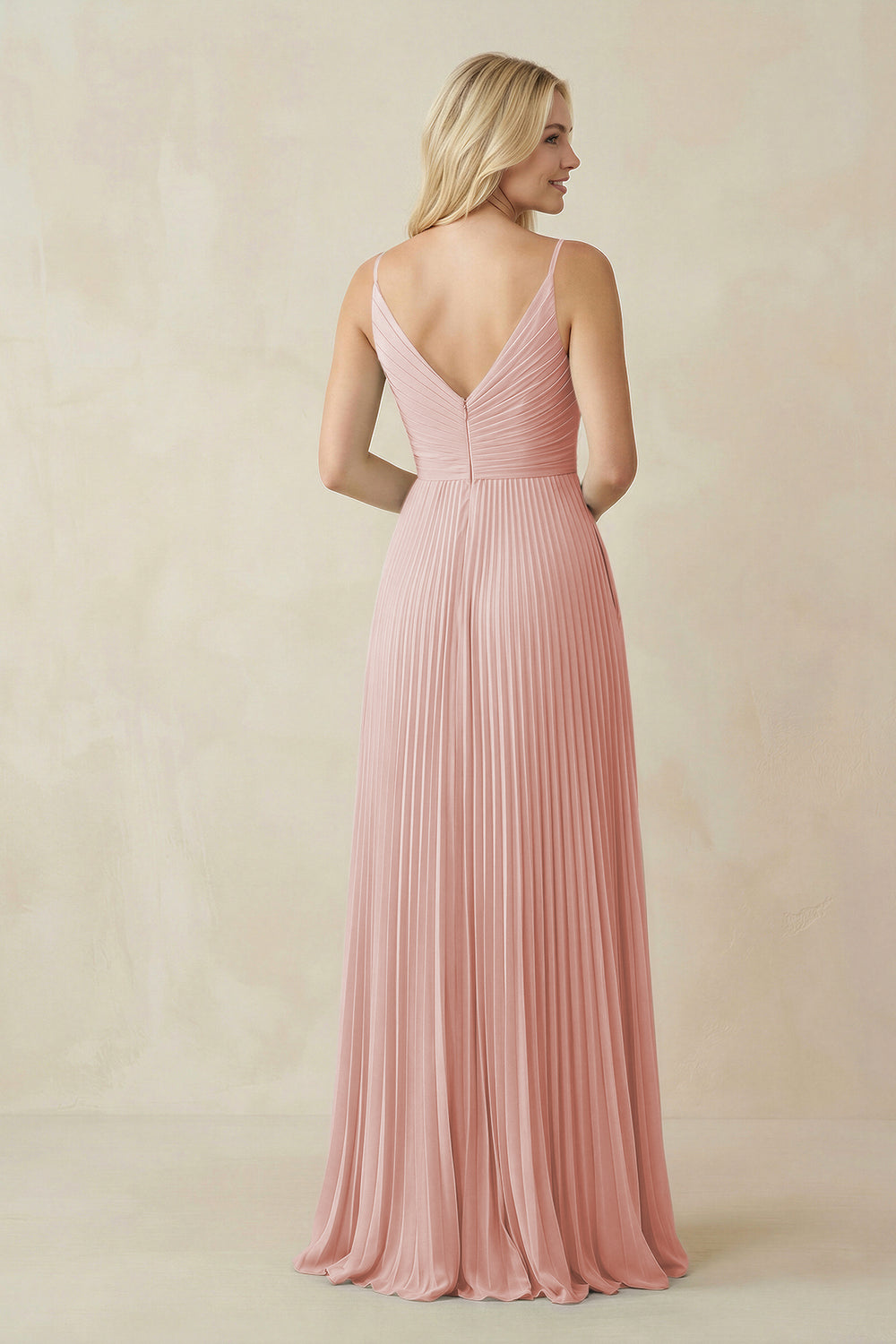 Pleated V-Neck A-Line Chiffon Bridesmaid Dress in Rose Petal
