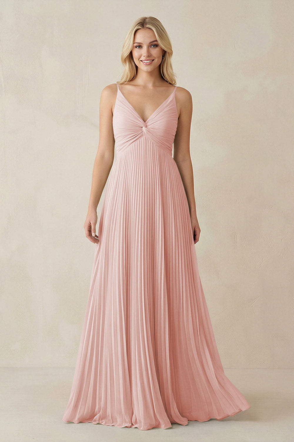 Pleated V-Neck A-Line Chiffon Bridesmaid Dress in Rose Petal