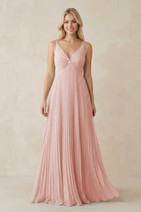 Rose Petal Pleated V-Neck A-Line Chiffon Bridesmaid Dress | KISSBRIDAL