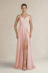 Rose Petal Ruched A-Line Chiffon Bridesmaid Dress with Slit | KISSBRIDAL