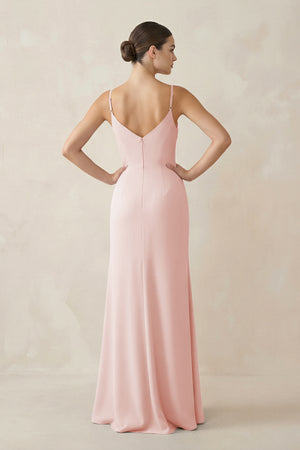 Rose Petal Ruched Sheath Spaghetti Strap Chiffon Bridesmaid Dress (2) | KISSBRIDAL