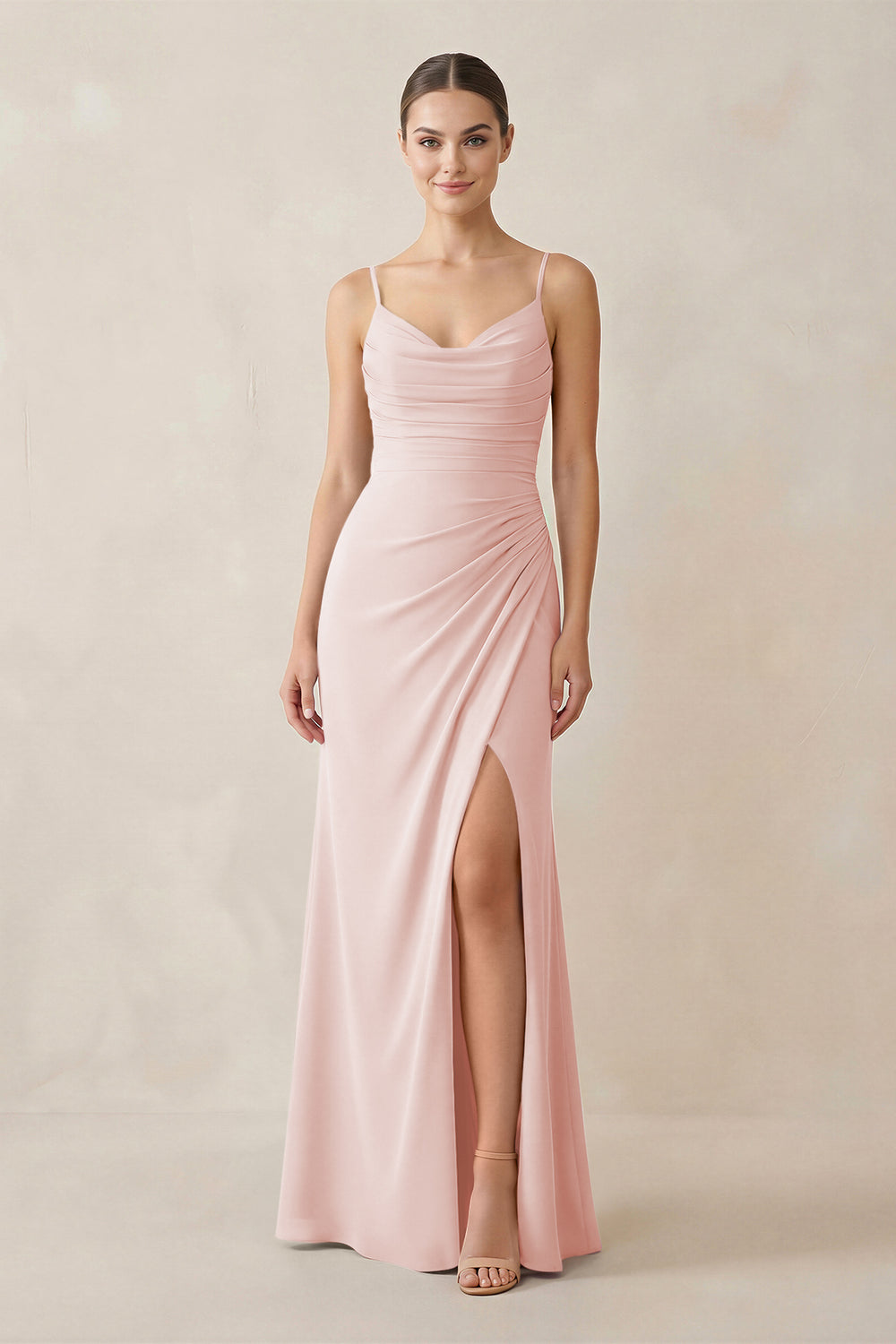 Ruched Sheath Spaghetti Strap Chiffon Bridesmaid Dress in Rose Petal