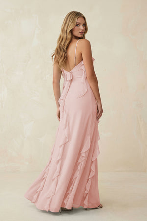 Rose Petal Ruffled Cami Strap Chiffon Sheath Bridesmaid Dress (2) | KISSBRIDAL