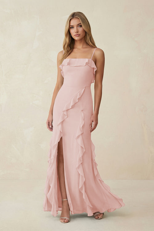 Rose Petal Ruffled Cami Strap Chiffon Sheath Bridesmaid Dress | KISSBRIDAL