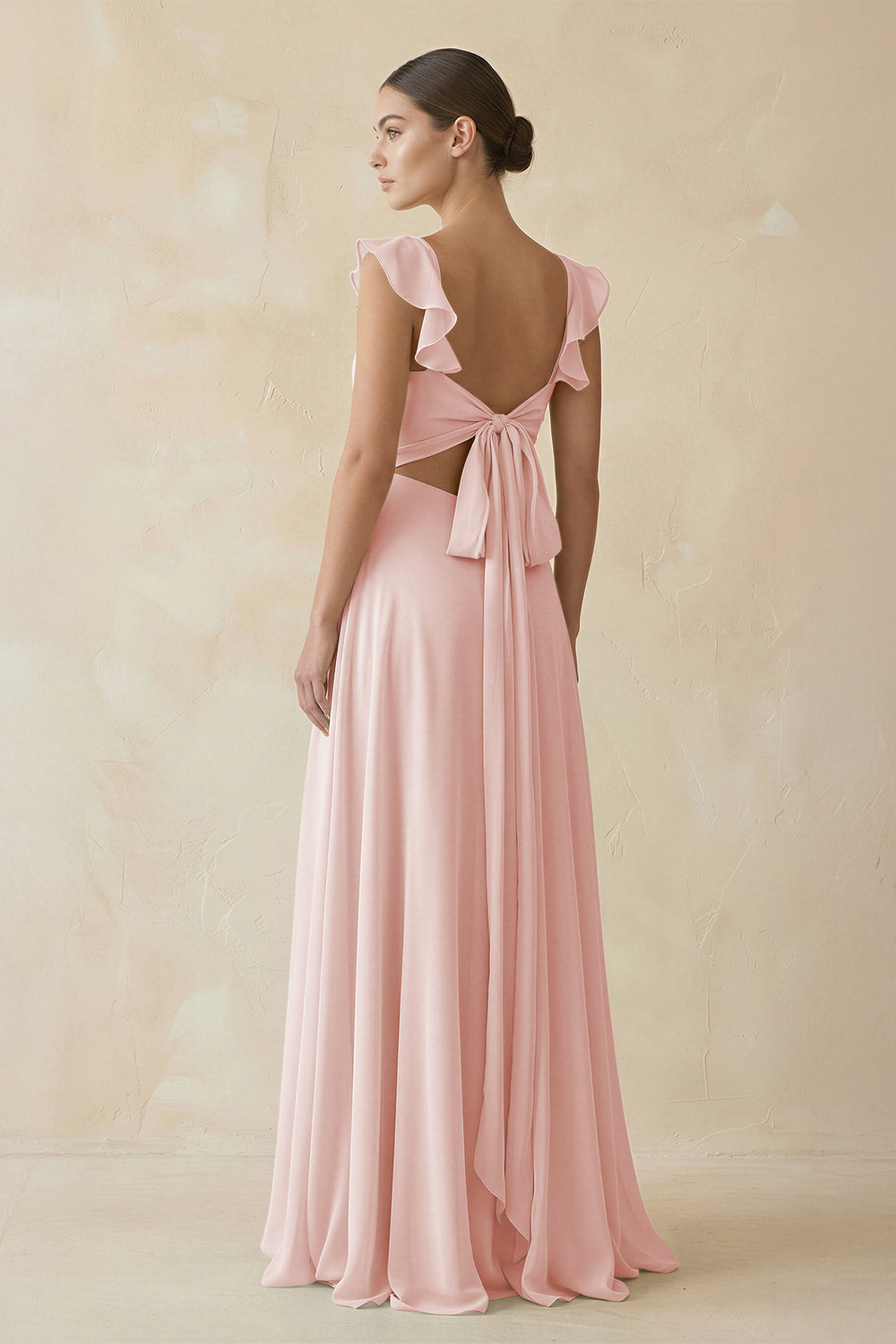 Ruffled Chiffon A-Line Long Bridesmaid Dress in Rose Petal