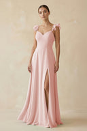 Rose Petal Ruffled Chiffon A-Line Long Bridesmaid Dress | KISSBRIDAL
