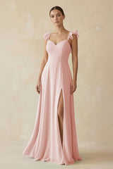 Rose Petal Ruffled Chiffon A-Line Long Bridesmaid Dress | KISSBRIDAL
