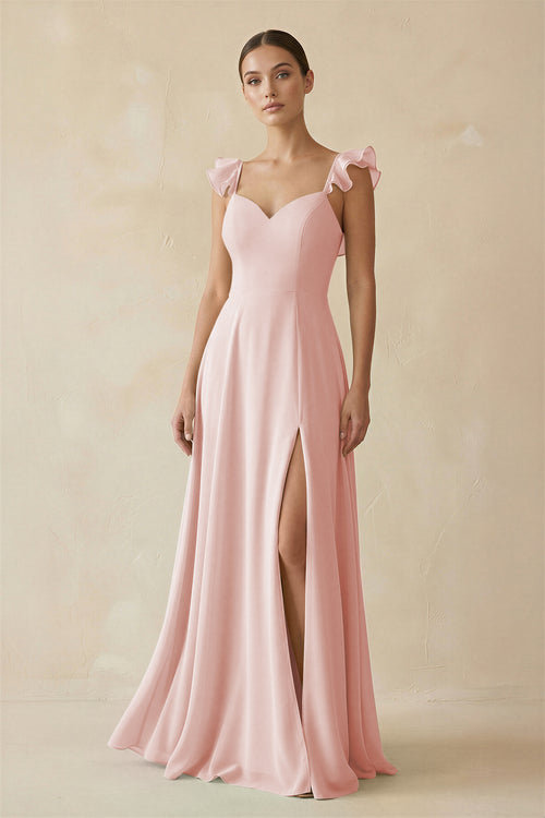 Rose Petal Ruffled Chiffon A-Line Long Bridesmaid Dress | KISSBRIDAL