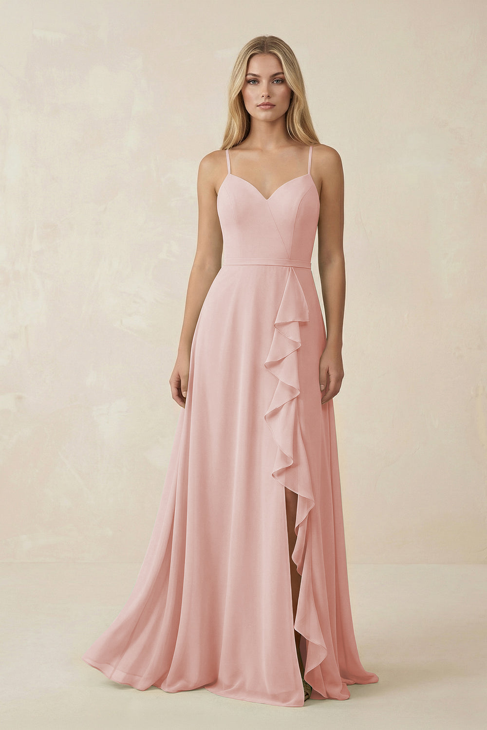Ruffled Hem A-Line Chiffon Bridesmaid Dress in Rose Petal