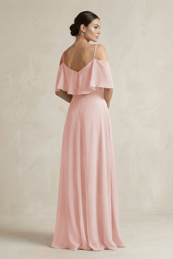 Rose Petal Ruffled Off-the-Shoulder A-Line Chiffon Bridesmaid Gown (2) | KISSBRIDAL