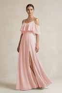 Rose Petal Ruffled Off-the-Shoulder A-Line Chiffon Bridesmaid Gown | KISSBRIDAL