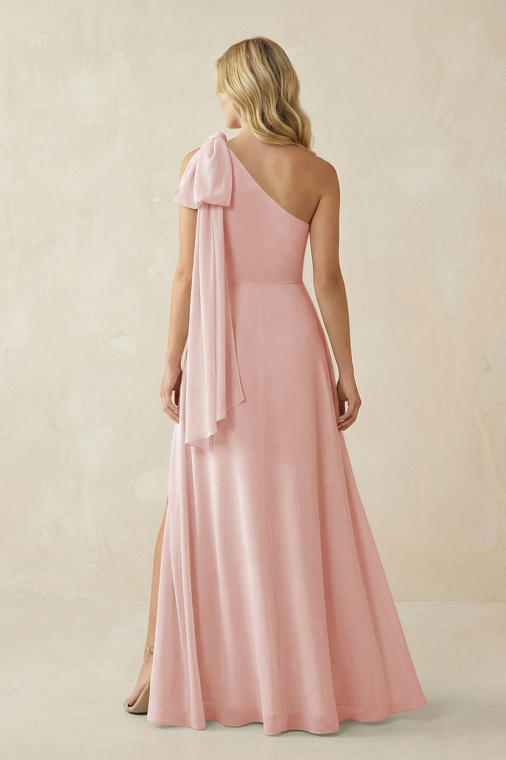 Ruffled One Shoulder Chiffon Bridesmaid Dress With Slit in Rose Petal