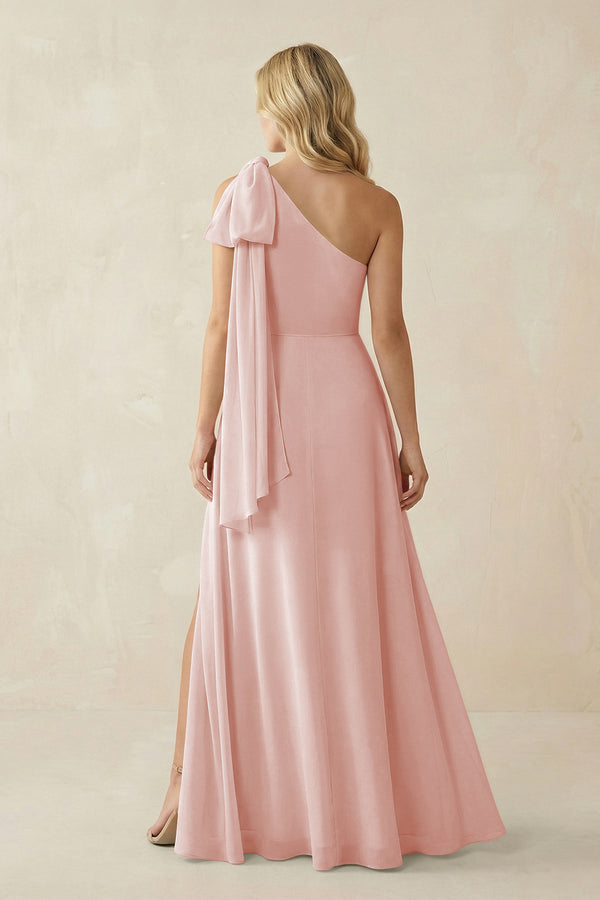 Rose Petal Ruffled One Shoulder Chiffon Bridesmaid Dress With Slit in Rose Petal (2) | KISSBRIDAL