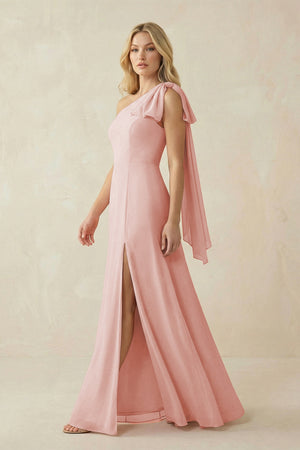 Rose Petal Ruffled One Shoulder Chiffon Bridesmaid Dress With Slit in Rose Petal (3) | KISSBRIDAL