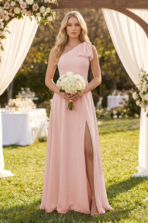 Rose Petal Ruffled One Shoulder Chiffon Bridesmaid Dress With Slit in Rose Petal (4) | KISSBRIDAL