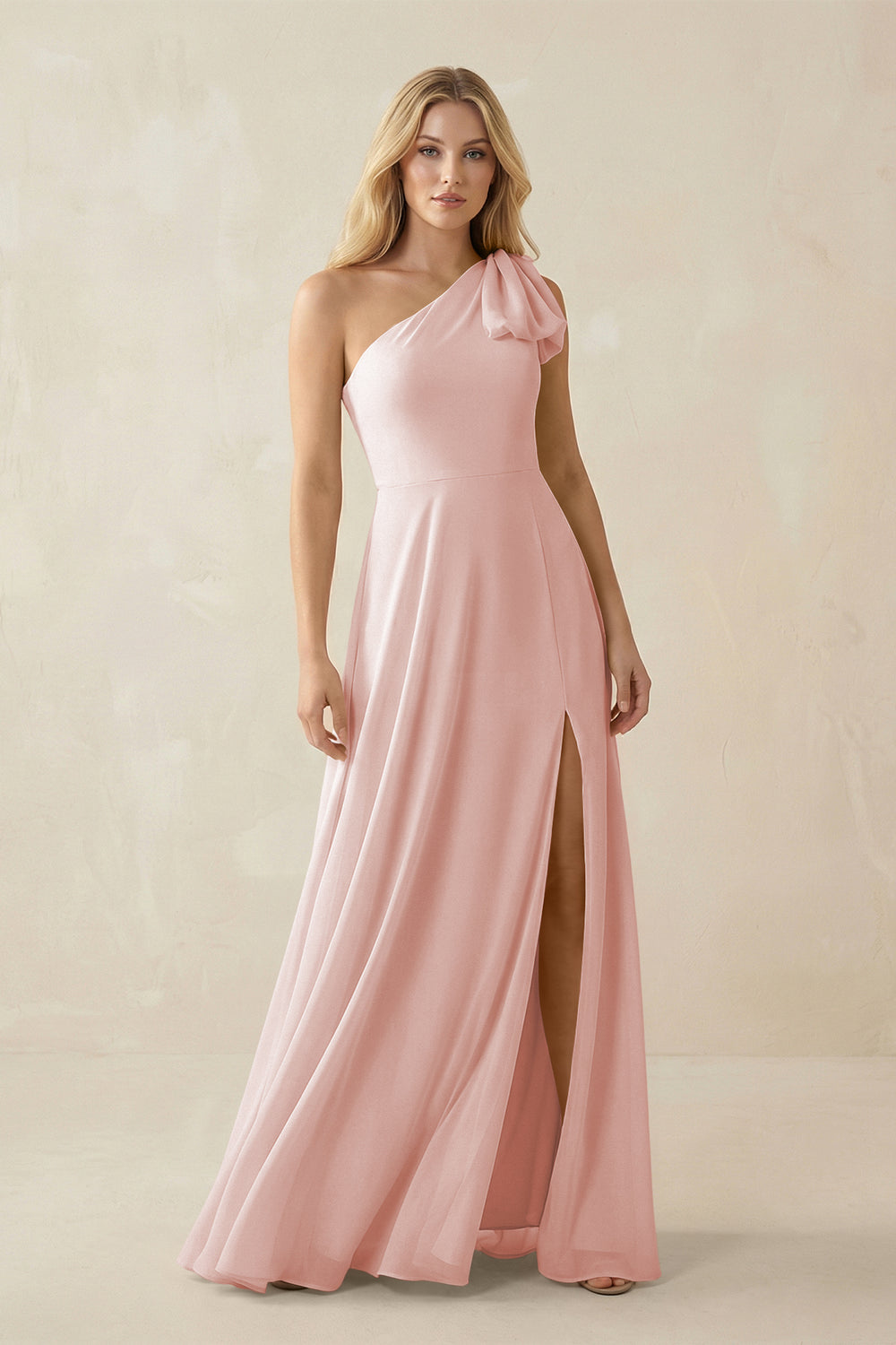 Ruffled One Shoulder Chiffon Bridesmaid Dress With Slit in Rose Petal