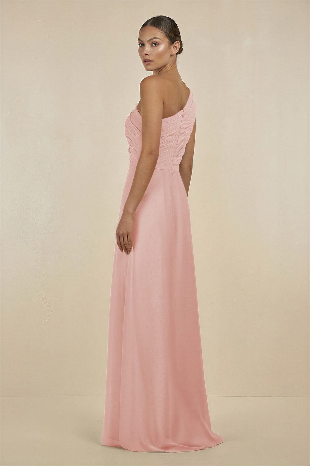Ruffled One-Shoulder Pleated Sheath Bridesmaid Dress in Rose Petal