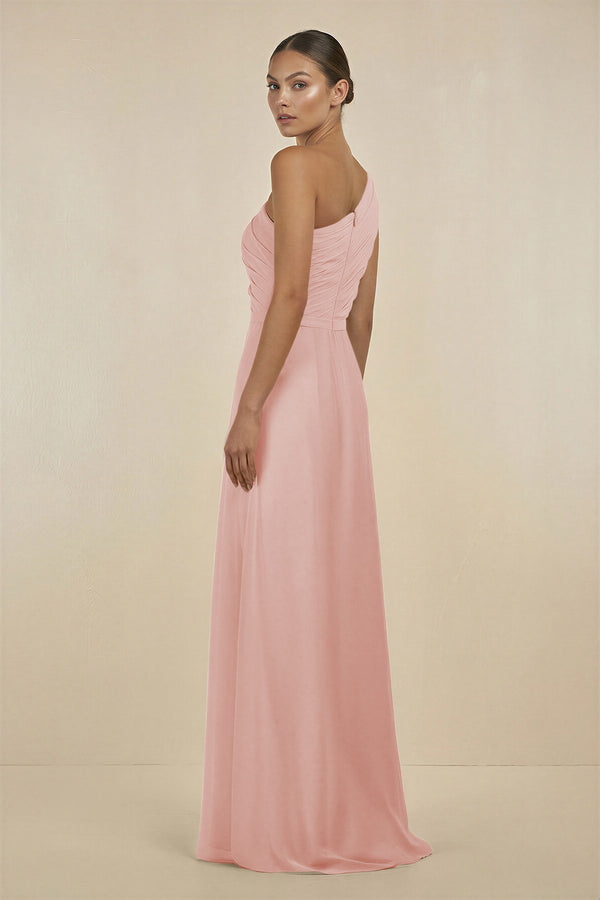 Rose Petal Ruffled One-Shoulder Pleated Sheath Bridesmaid Dress (2) | KISSBRIDAL