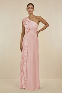 Rose Petal Ruffled One-Shoulder Pleated Sheath Bridesmaid Dress | KISSBRIDAL